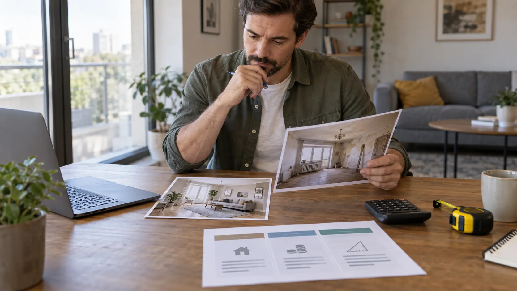 Cumpărător care compară costurile unui apartament renovat cu cele ale unui apartament de renovat