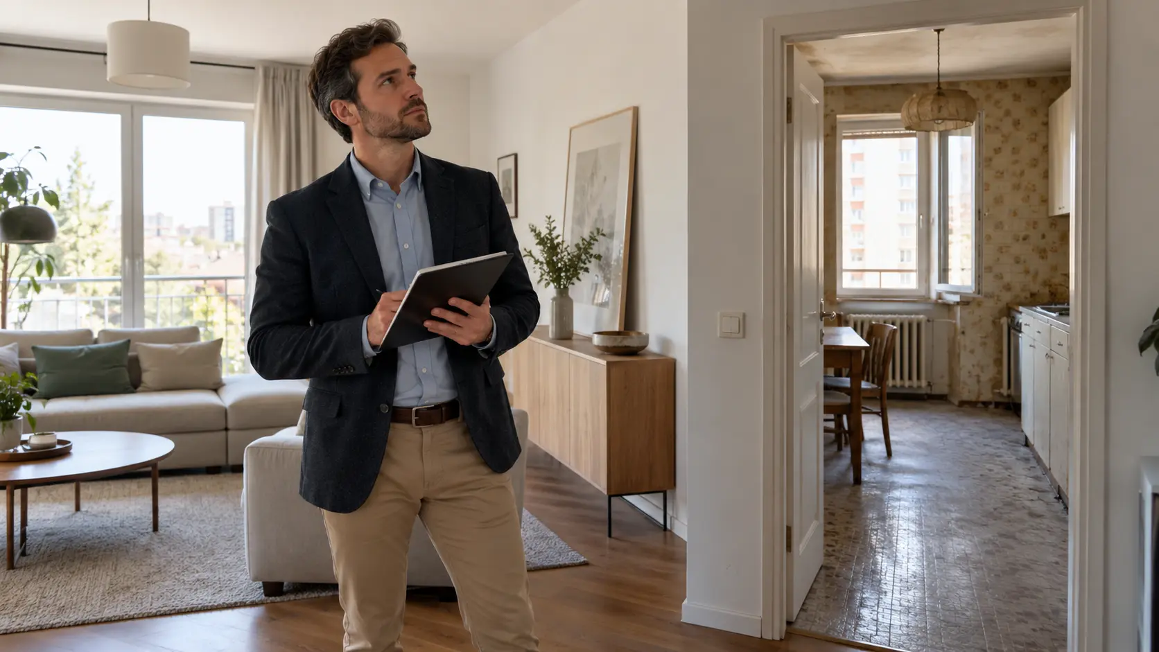 Cumpărător și specialist care verifică instalațiile unui apartament înainte de renovare